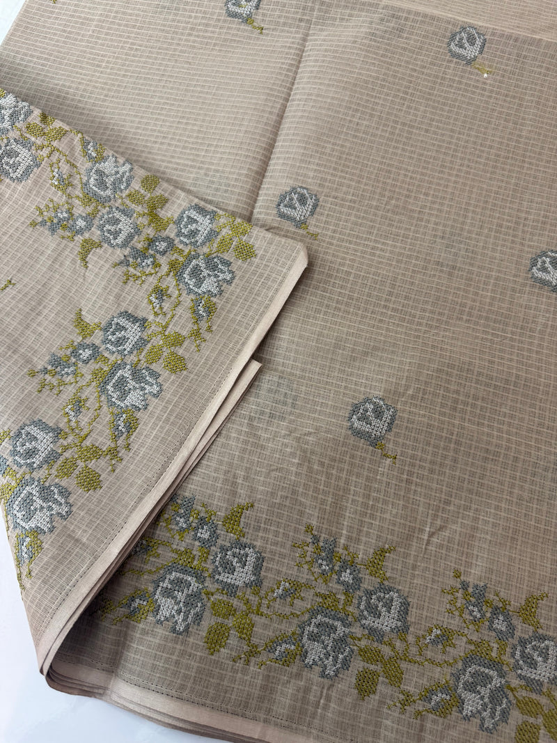 Pure Kota cotton saree with cross stitch embroidery -MKAS339 GreenishGrey