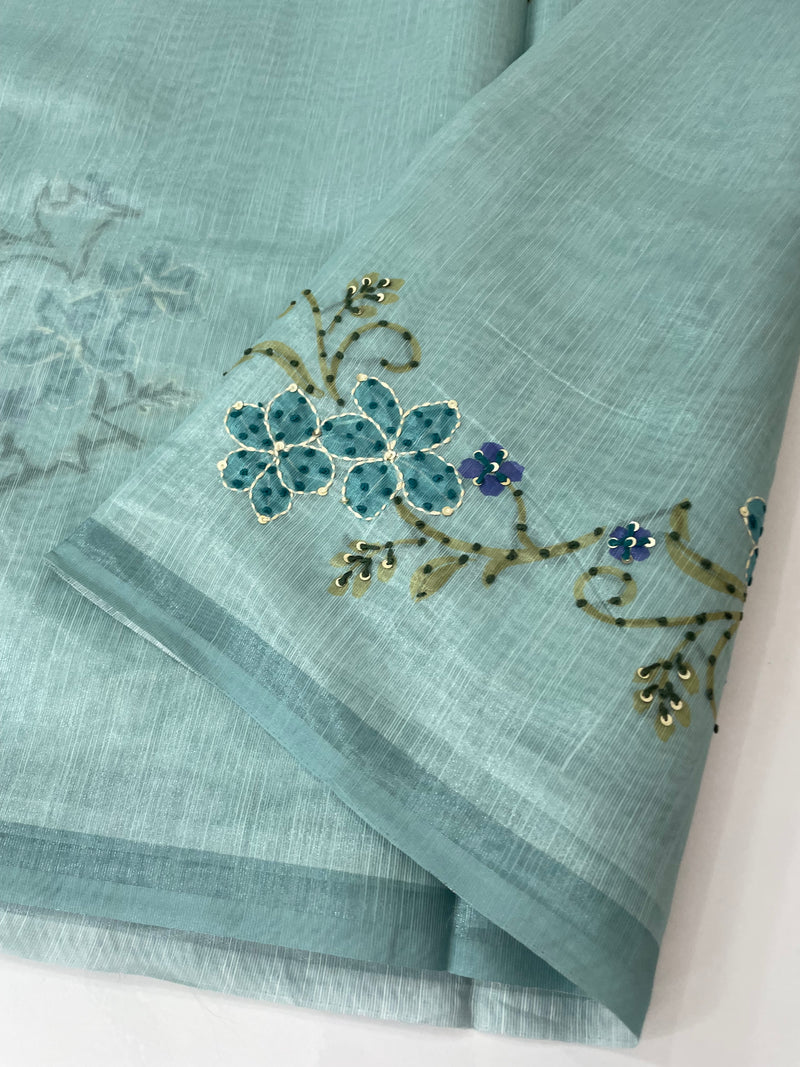 Soft Tissue linen saree with kanta embriodery saree FBLK72 -DuskyBlue