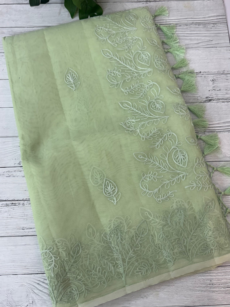 Semi organza saree with lace embroidery MSH117- Pastel PistaGreen