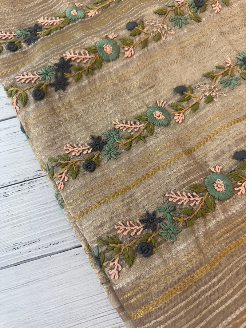 Tissue silk saree with hand embriodery - MS4561 Tan shade