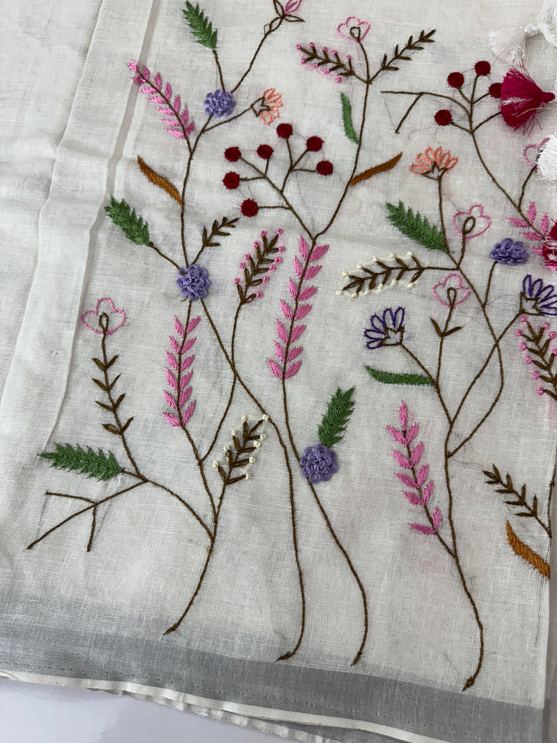 Linen blend Saree with hand embriodery MLS611