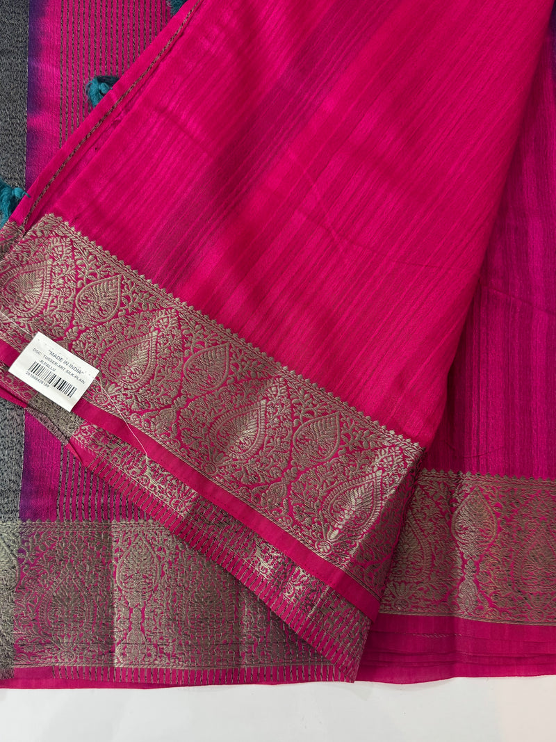 Blended tussar silk sarees with contrast pallu & blouse MTL430