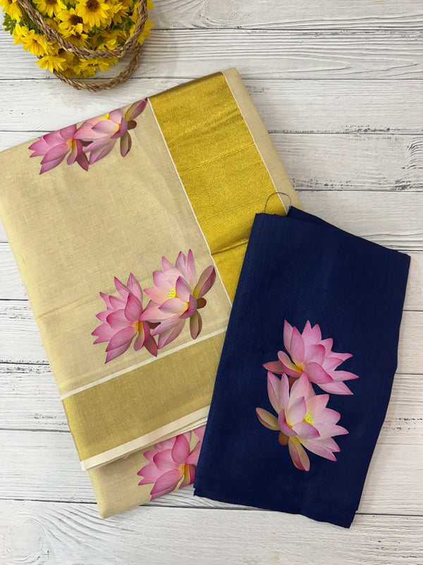 Kerala Lotus tissue saree - DarkBlue Blouse