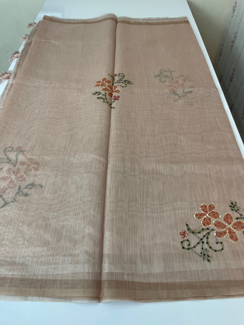 Soft Tissue linen saree with kanta embriodery saree FBLK72 - DuskyPeach