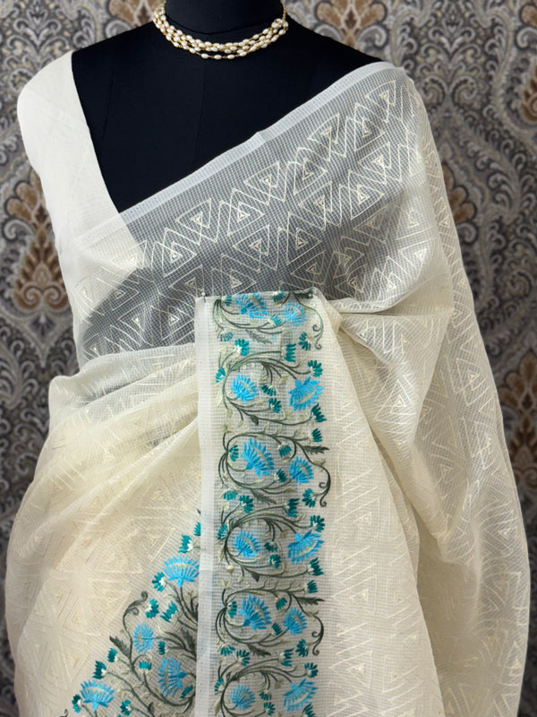 Phulkari NetKota Embroidery saree - OffWhite MNK8765