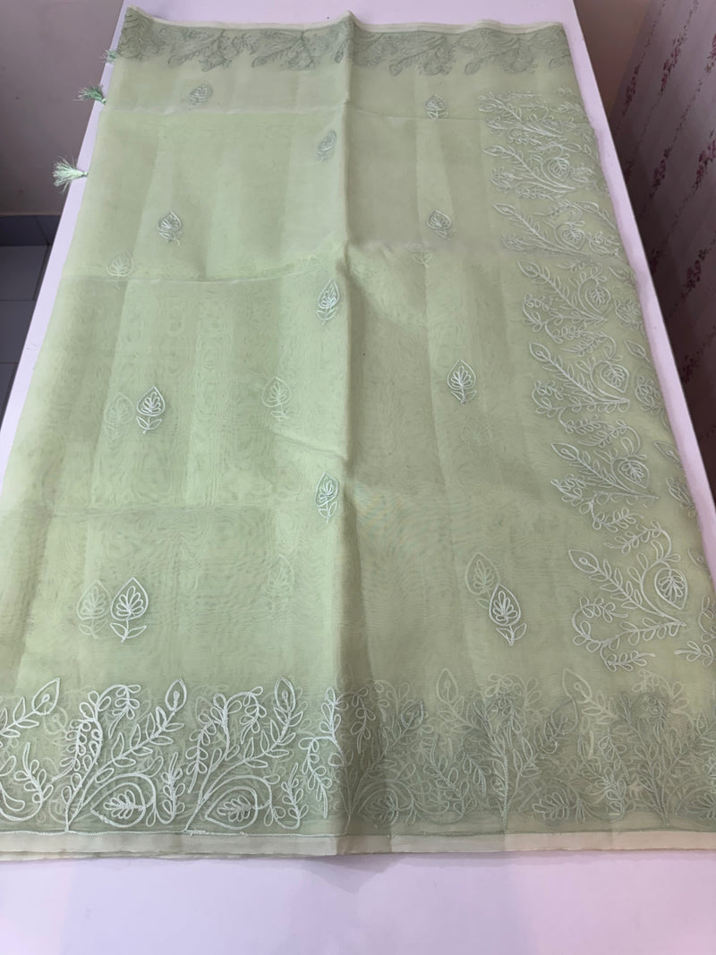 Semi organza saree with lace embroidery MSH117- Pastel PistaGreen