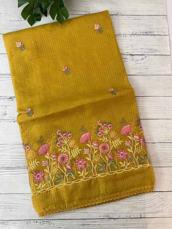 Soft kota checks saree with embroidery - SVPSNM MustardYellow