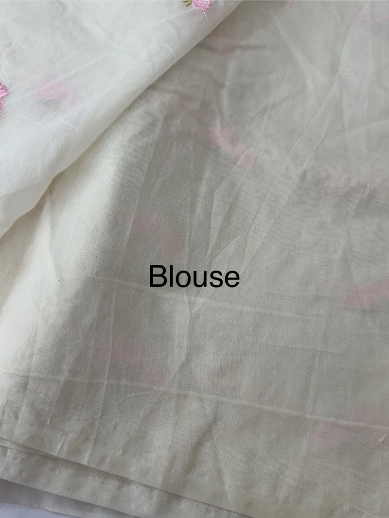 Mul chanderi saree with embriodery MSH114- Pink flowers