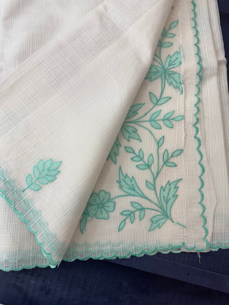Kota silk saree with applique work SJCV82- Offwhite & Blue