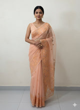 Semi organza saree with embroidery  - MSH124- PeachyOrange