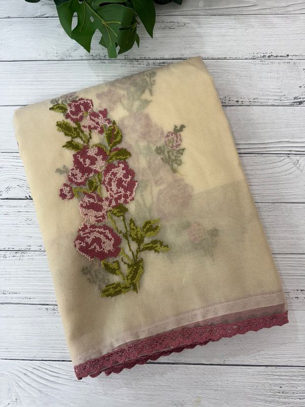 Viscose organza saree with cross stitch embroidery MS5089- DuskyOnion
