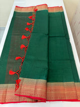 Semi Jute silk sarees with contrast pallu & blouse MJL391 - BottleGreen to Red