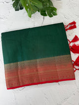 Semi Jute silk sarees with contrast pallu & blouse MJL391 - BottleGreen to Red