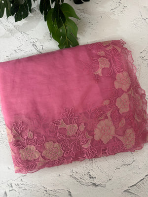 Semi Organza saree with applique borders - MCW799 Pink