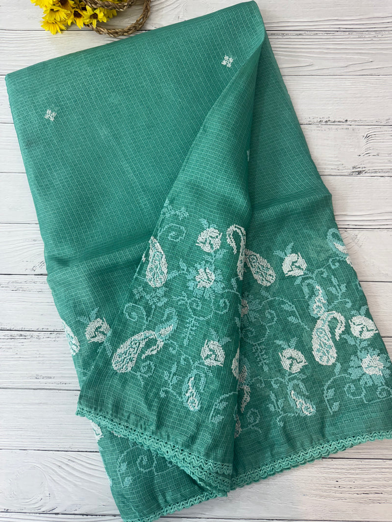 Soft kota checks saree with embroidery SVPIIY- BluishGreen