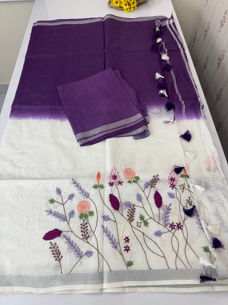 Linen blend Saree with hand embriodery MLS611