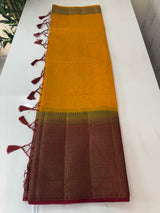 Jute silk sarees with contrast pallu & blouse MJL3412 Mustard to Maroon