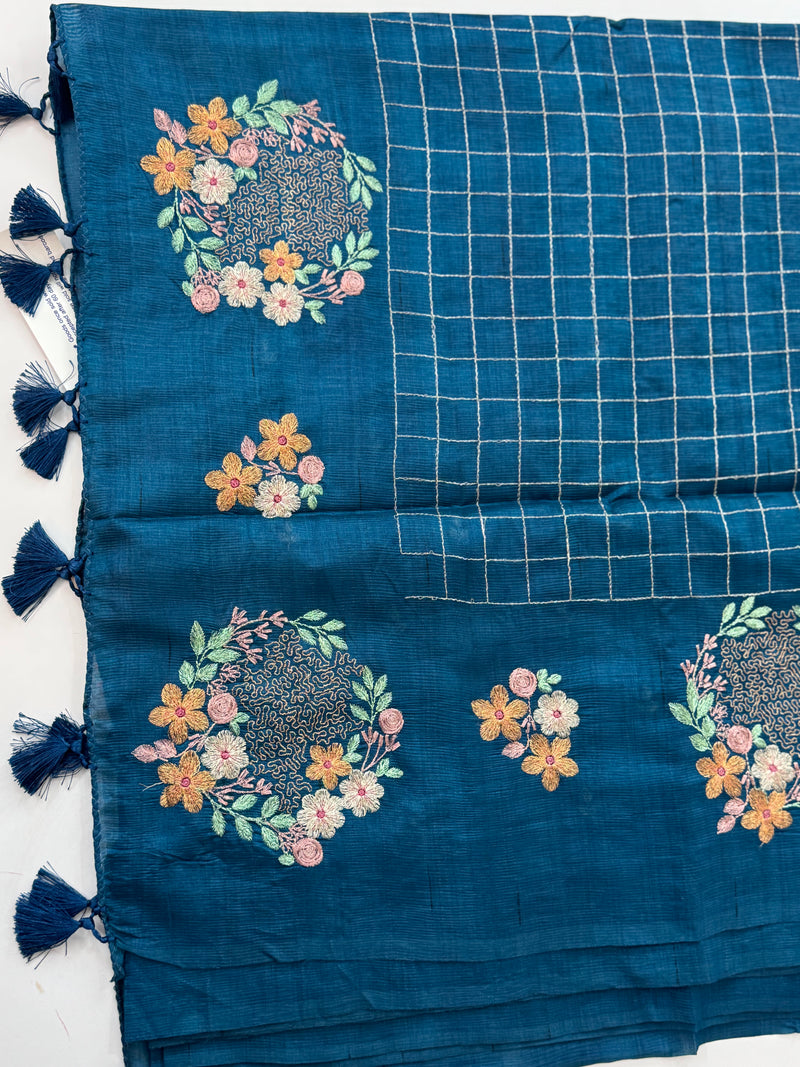 Crushed Blended tussar silk saree with embroidery- SNFCYEY