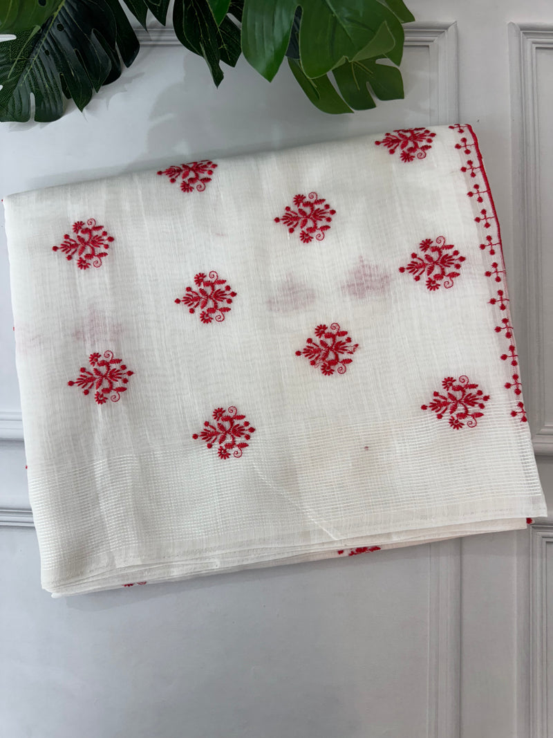 Slub cotton embroidery saree MSCB658 White & Red