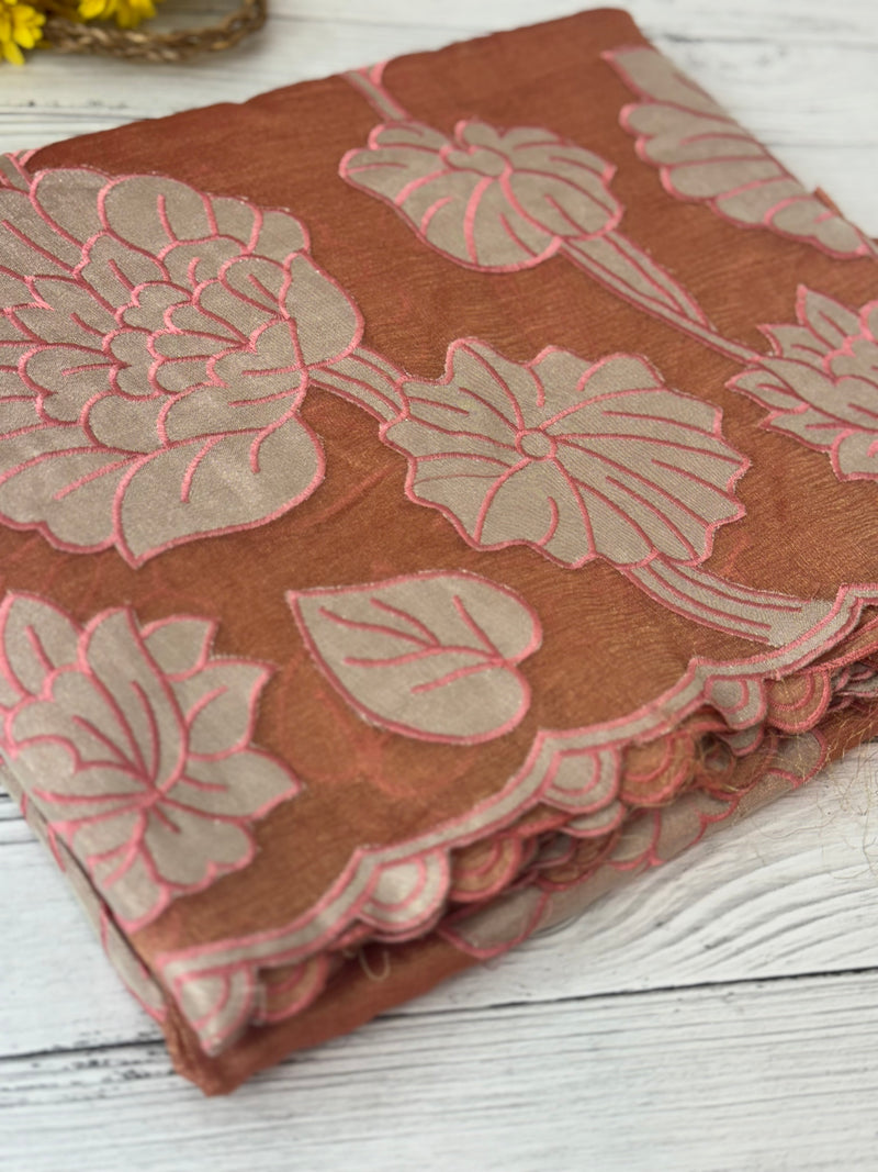 Dual tone Crush silk Organza Applique work saree MS14567- DuskyRustPeach