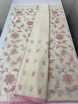 Mul chanderi tissue applique work saree MSH177 - Offwhite to Pink