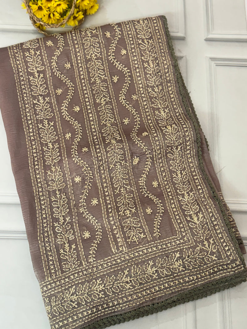 Crush organza saree with chikankari embriodery MS76551/5 - Dusky GreyishGreen