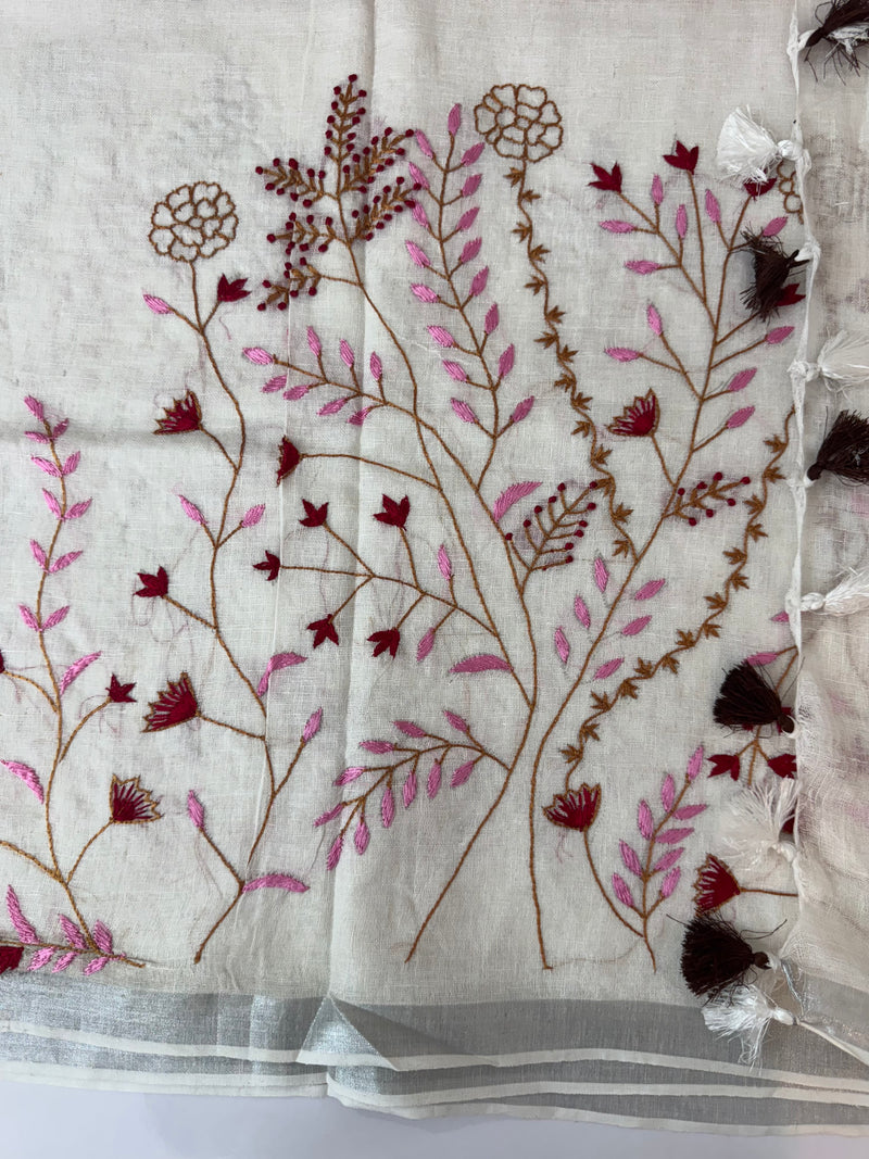 Linen blend Saree with hand embriodery MLS611
