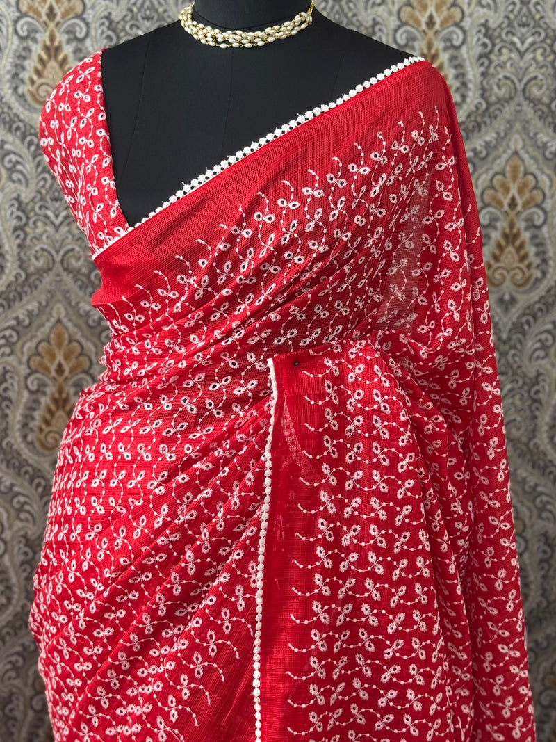 Hakoba kota embroidery saree  MSK887 Red & White