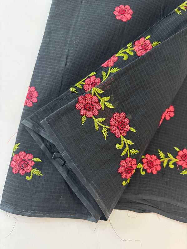 Pure Kota cotton saree with cross stitch embroidery MKAS339 Black