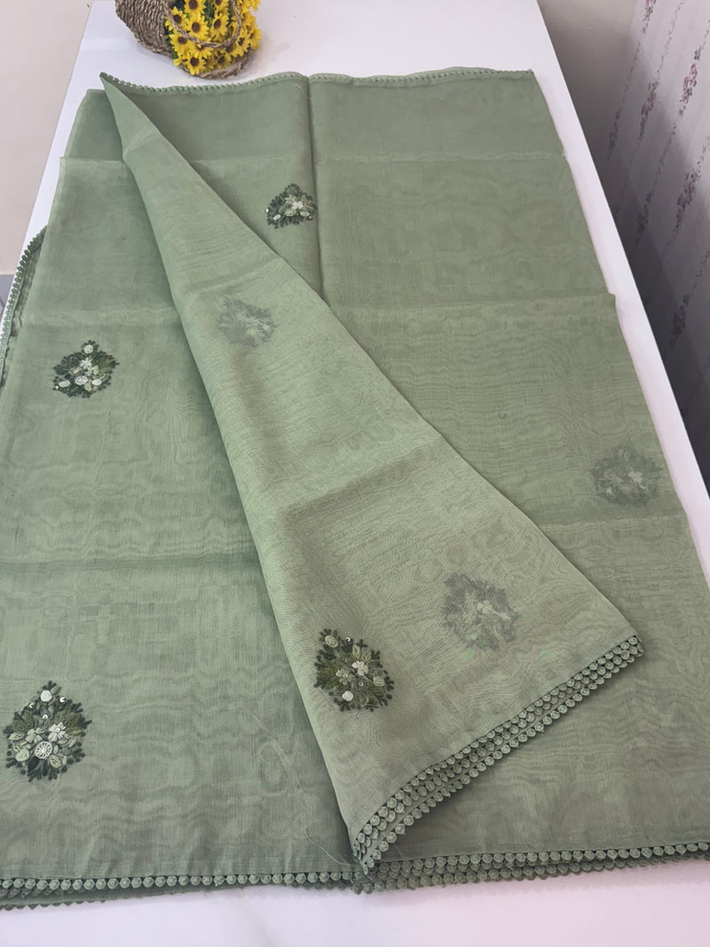 Handworked Tissue silk saree with French Knots FBLK162 DuskyGreen