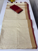 Linen checks saree with zari border MLS9766- Cream & MaroonRed