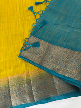 Jute silk sarees with contrast pallu & blouse MJL396 Mustard to Blue