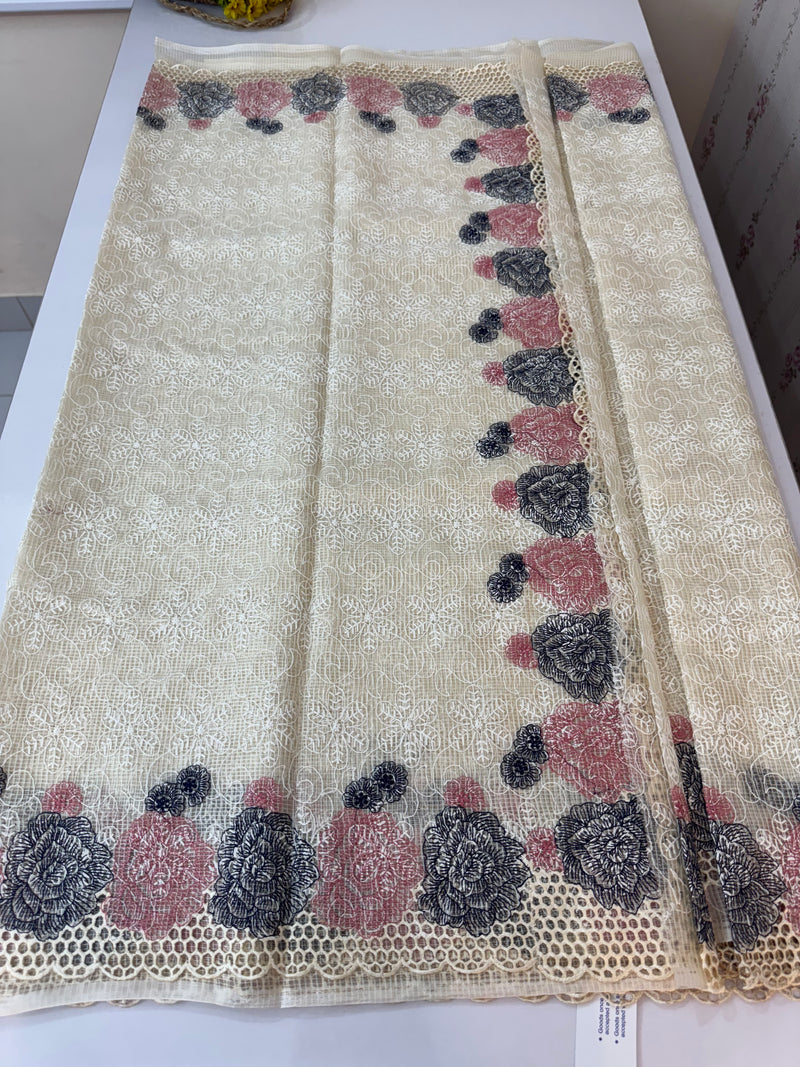 Cutwork Phulkari NetKota Embroidery saree - OffWhite