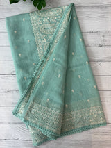 Semi linen saree with chikanakari embroidery- MS15086 PastelAquaBlue