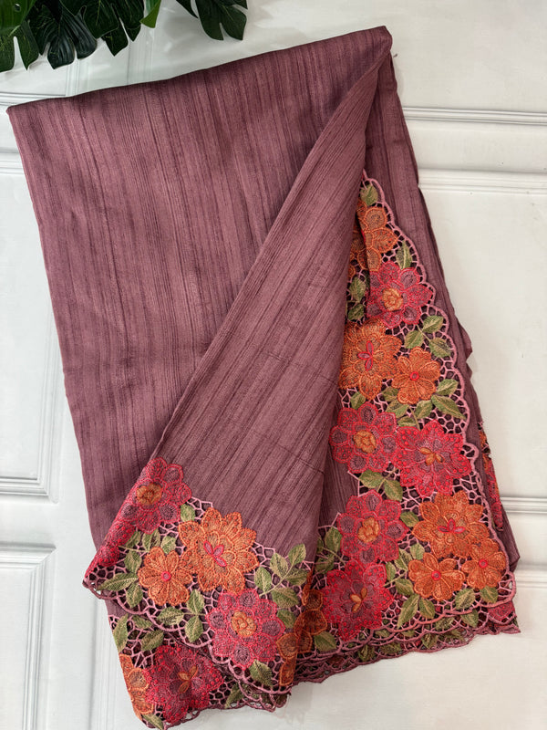 Blended Tussar georgette saree with cutwork borders - MS14140 DuskyPink