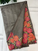 Blended Tussar georgette saree with cutwork borders - MS14140 Charcoal Grey