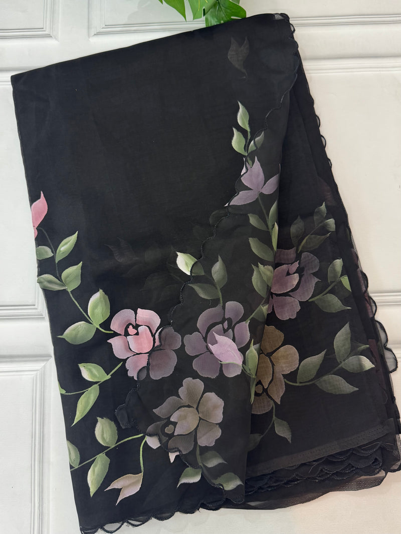 Handpainted soft organza saree SSKW18- Black