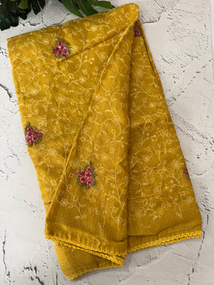 Soft kota checks saree with embroidery - MS7679 MustardYellow