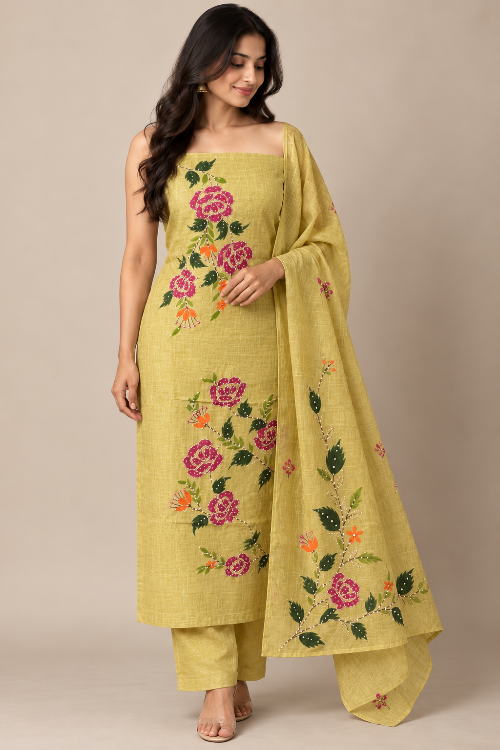 Unstitched Chanderi suit Set with kanta work- MK172