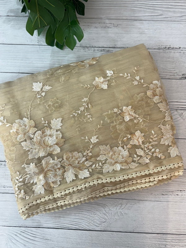 Tissue Organza saree with thread work  MS14931 - Beige