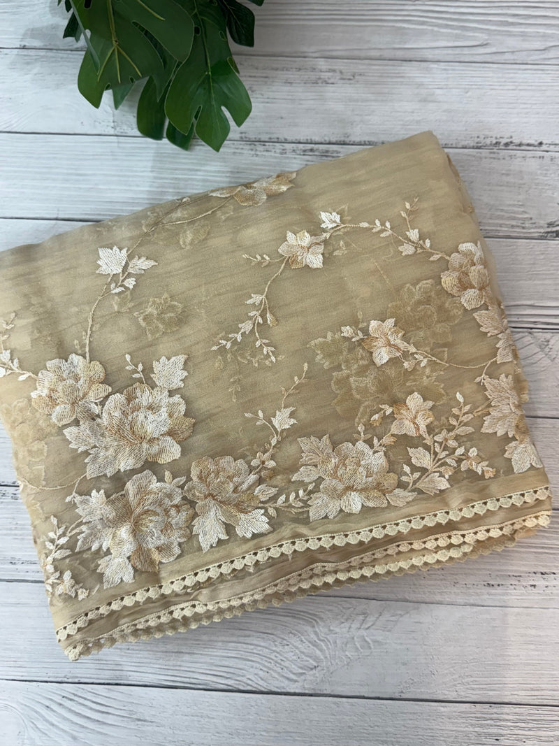 Tissue Organza saree with thread work  MS14931 - Beige