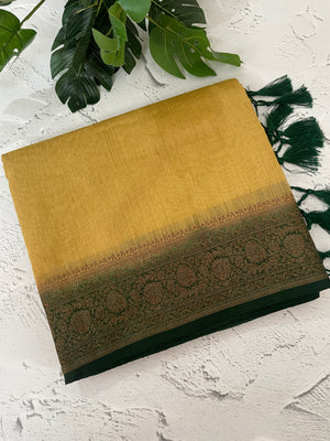 Jute silk sarees with contrast pallu & blouse MJL396 - Chiku to DarkGreen