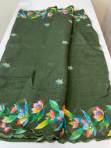 Digital printed semi Linen Saree MLS711- Green