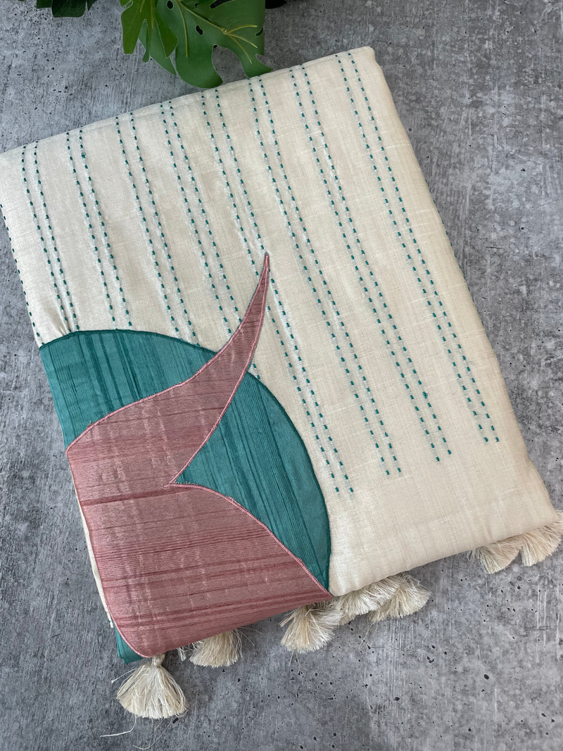 Blended tussar saree with kanta embriodery and appliqué work- MBTS99