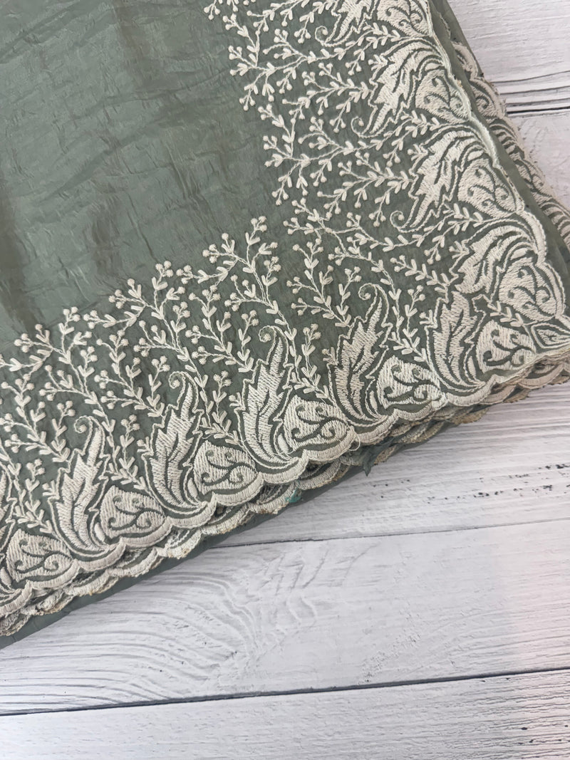 Crush Organza embroidery saree MS9739- Dusky Green