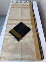 Linen checks saree with zari border MLS9766- Cream & Black