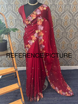 Crepe Crush Georgette saree with embriodery MS9701- PinkishRed