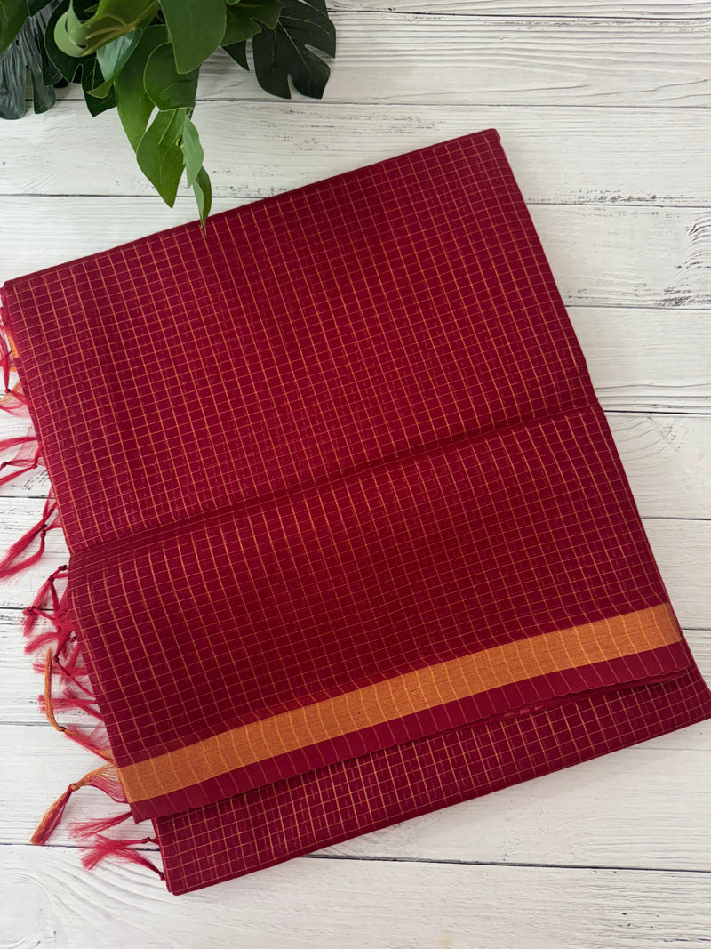 Mangalagiri Silk Cotton Saree with zari checks MS90321 Maroon