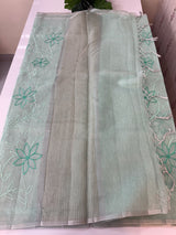 Tissue Linen Saree with embroidery MRS786 - Pastel BlueGreen