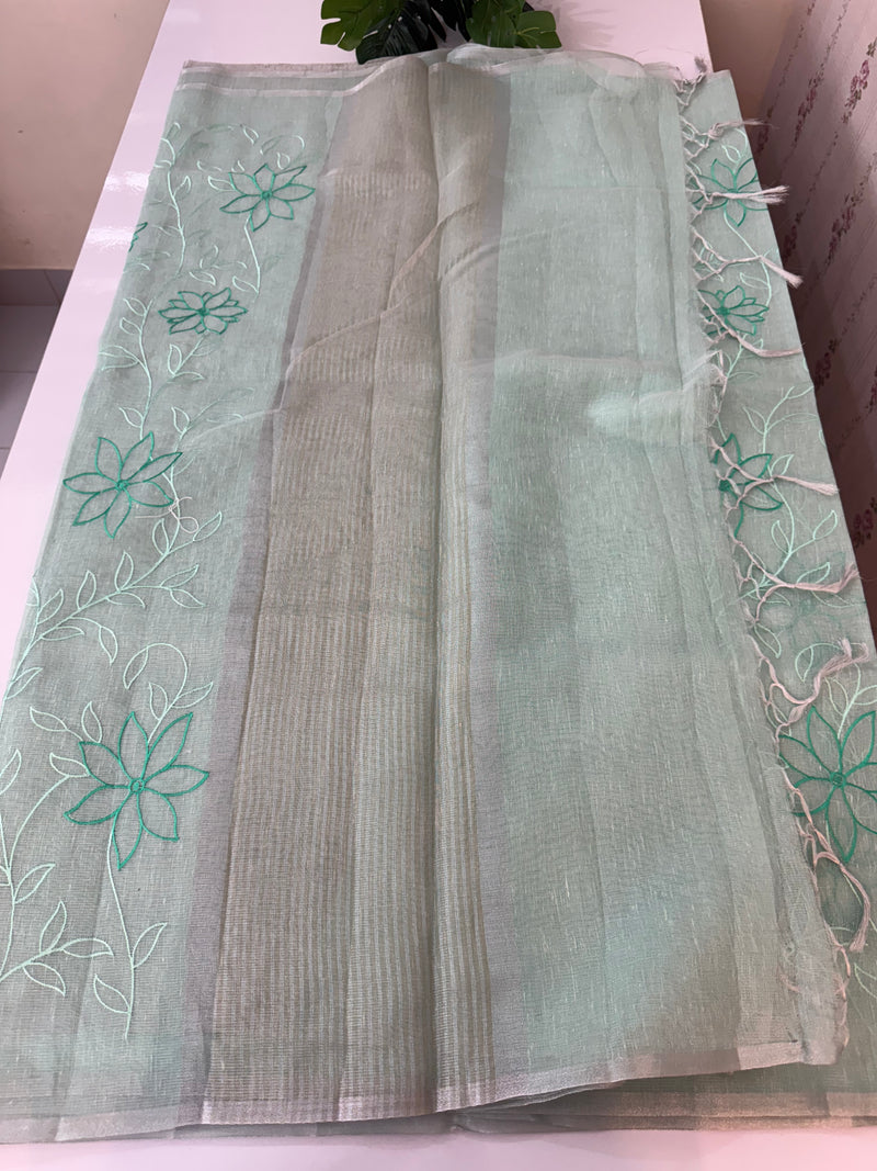 Tissue Linen Saree with embroidery MRS786 - Pastel BlueGreen